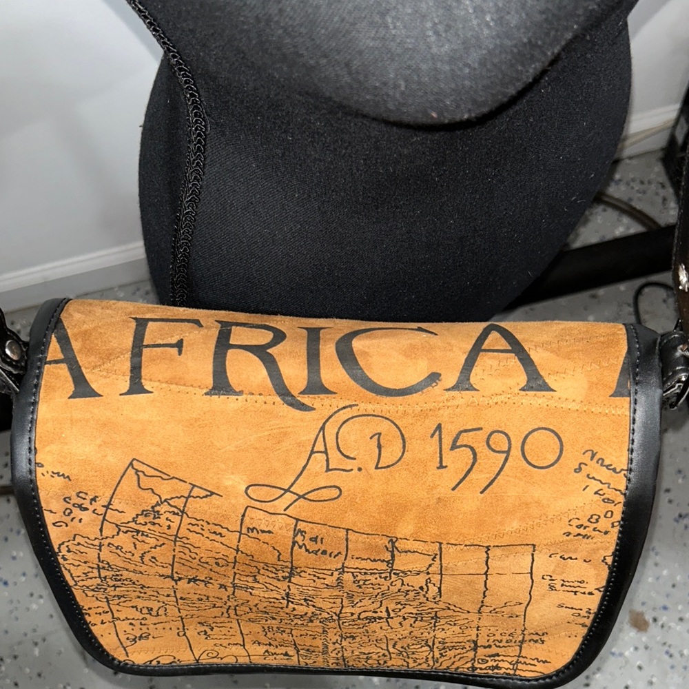 Brown and Black Map Suede Leather Shoulder Bag - Picture 2 of 8